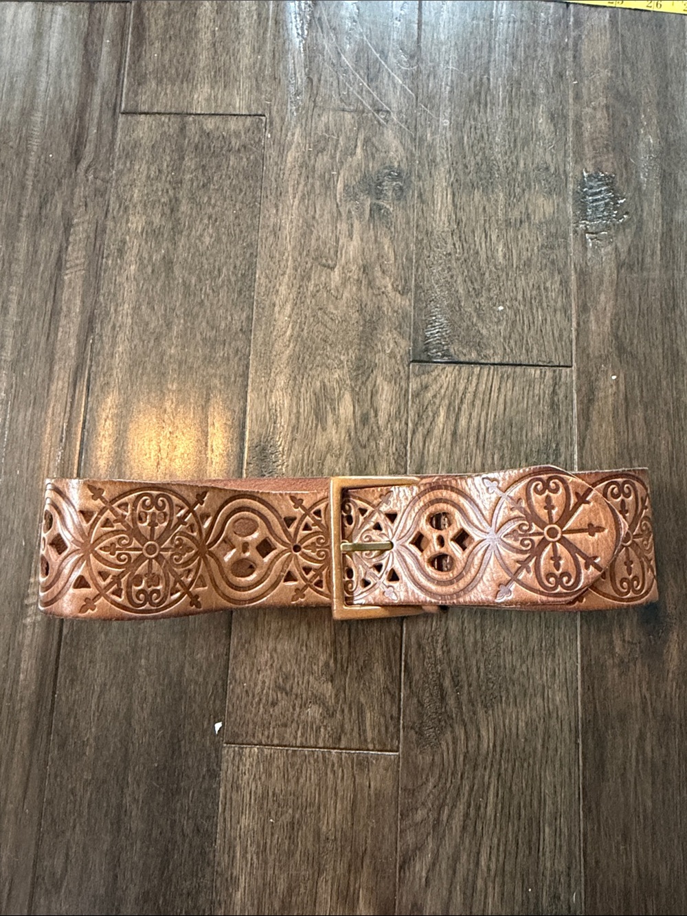 Hand-Tooled Leather Western Belt with Intricate Floral Pattern - Brown